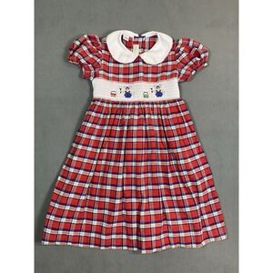Anavini Smocked Dress Girls Size 6X Red White Flannel Mice & Paint Buckets